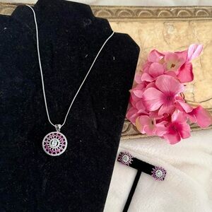 New | Indian Luxury Magenta AD Necklace, Earrings Set